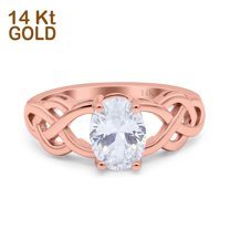 Rose Tone, Simulated Cubic Zirconia Size-8 Oval Solitaire Celtic Wedding Engagement Ring Vintage 925 Sterling Silver