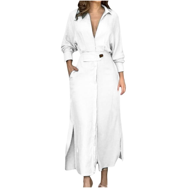 CEHVOM Robe Taille Haute à Manches Longues en Coton et Lin pour Femmes, Col Rabattu, Ample, en Solde