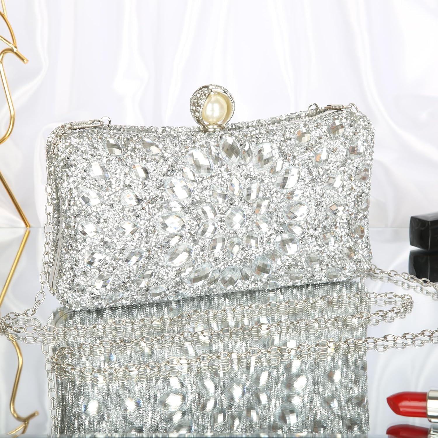 Silver Clutch Prom Bag Wholesale Wedding Bridal Glitter Rhinestone