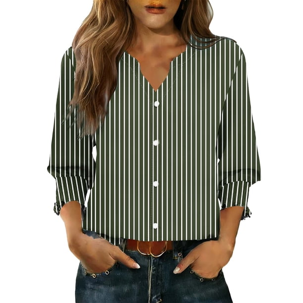 Camisas de Cuello de la Tripulación de Manga Corta para las Mujeres Moda Verano Casual Botón Arriba Cuello en V con Tejido Súper Suave