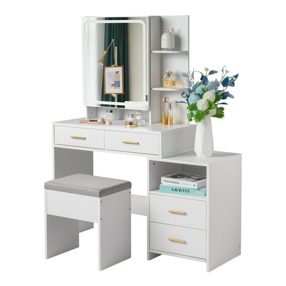GoDecor Vanity Set Makeup Vanity Dressing Table with Sliding Mirror,White