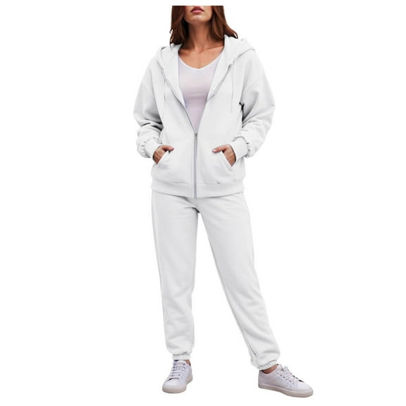 felwors Women's Zip-Up Hoodie Tracksuit Set Fleece Sweatshirt & Jogger Pants for Casual, Active, and Loungewear White, S