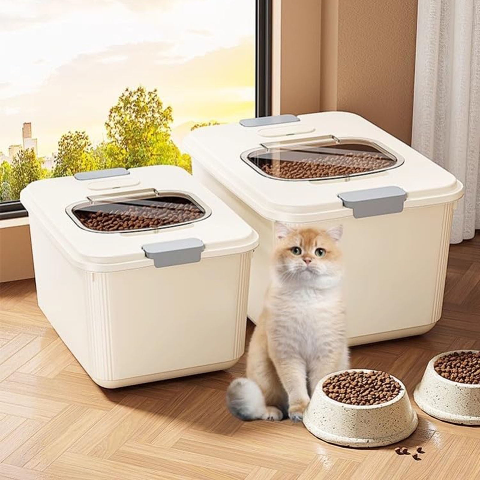 Airtight Food Storage Container for Dogs and Cats with Clear Lid and Measuring Cup for Baking Supplies Flour Rice Pantry Storage Cereal Organizing