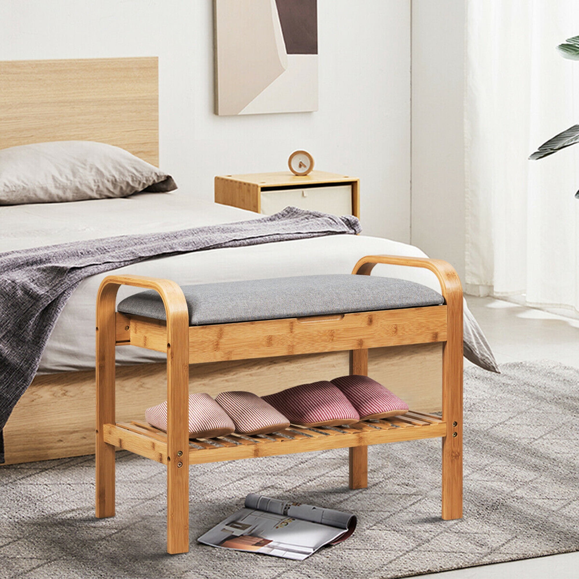 Gymax 1-Tier Cushioned Seat and Shoe Storage Bench, Bamboo, Linen and Wood, Brown and Gray