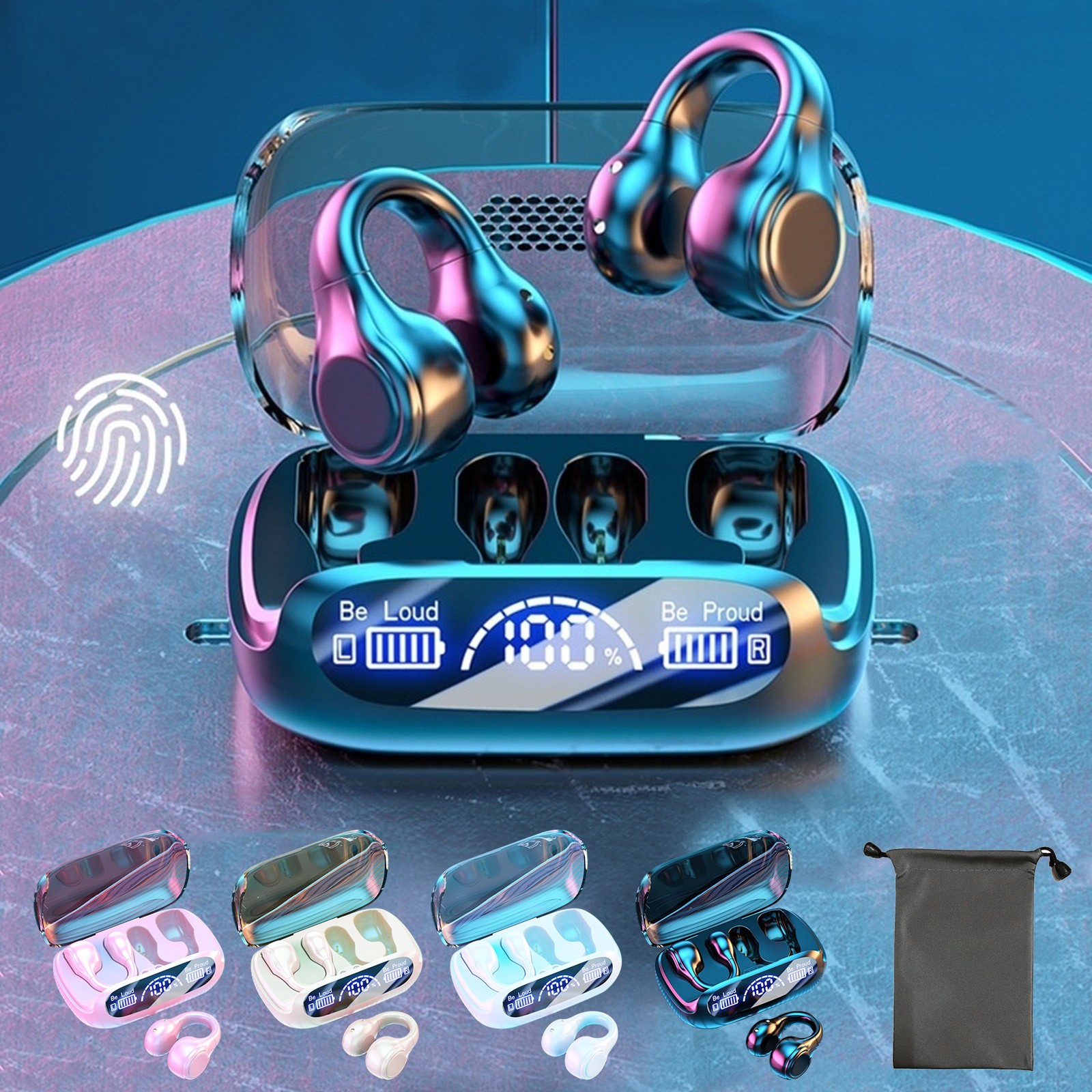 PALIFEUR Wireless Ear Clip Earbuds, Bluetooth 5.3 Headphones with Bass Stereo Sound, IPX7 Waterproof, Air Conduction Ear Buds, Lightweight Sport Earphones, LED Display Wireless Charging Case