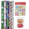 JAM Paper Gift Wrapping Bundle - Playful Christmas - 5 Rolls of Wrapping Paper (125 sq ft) / 2 Packs of Gift Tags