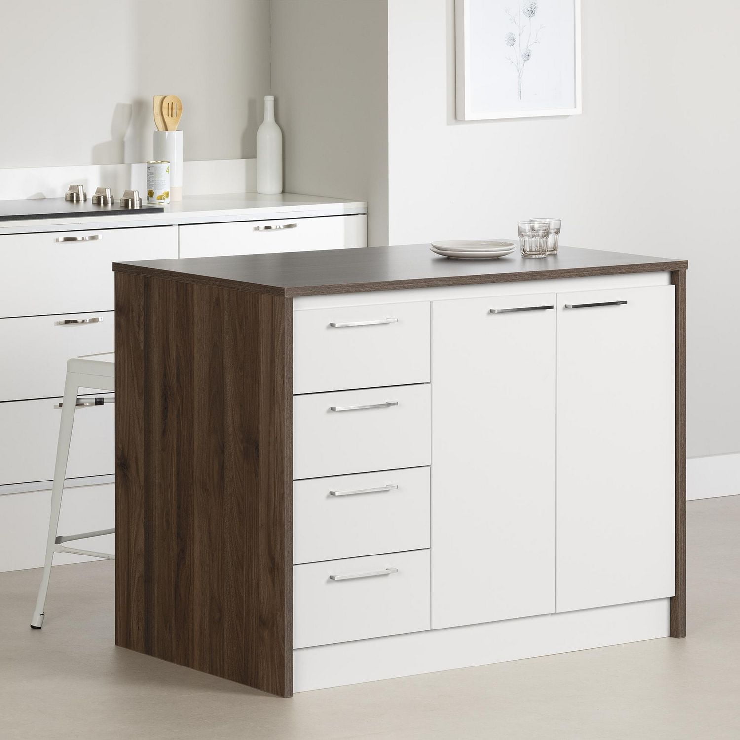 South Shore Myro Kitchen Island Natural Walnut and White