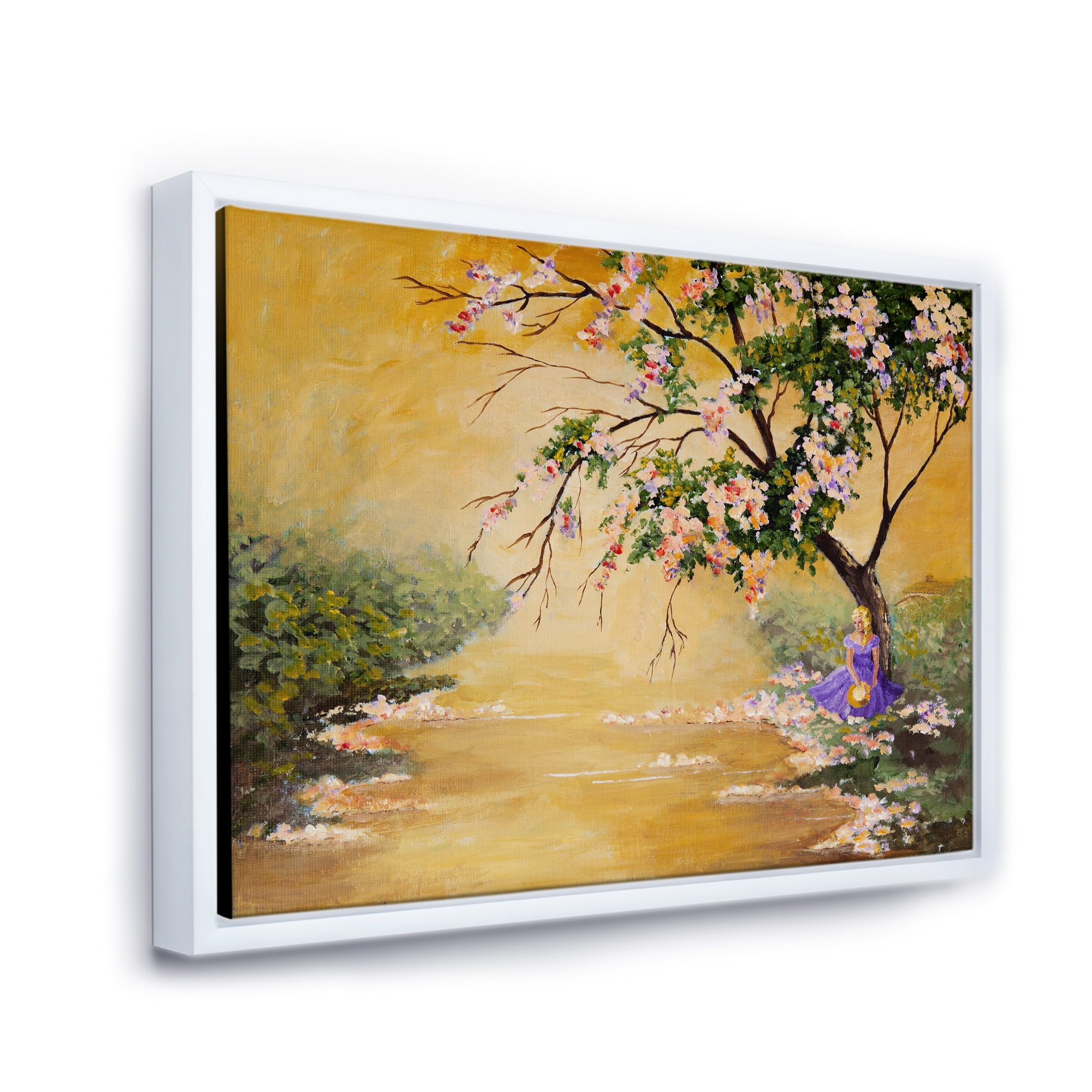 Designart 'Beautiful Girl Standing By The Flowering Tree' Traditional Framed Canvas Wall Art Print