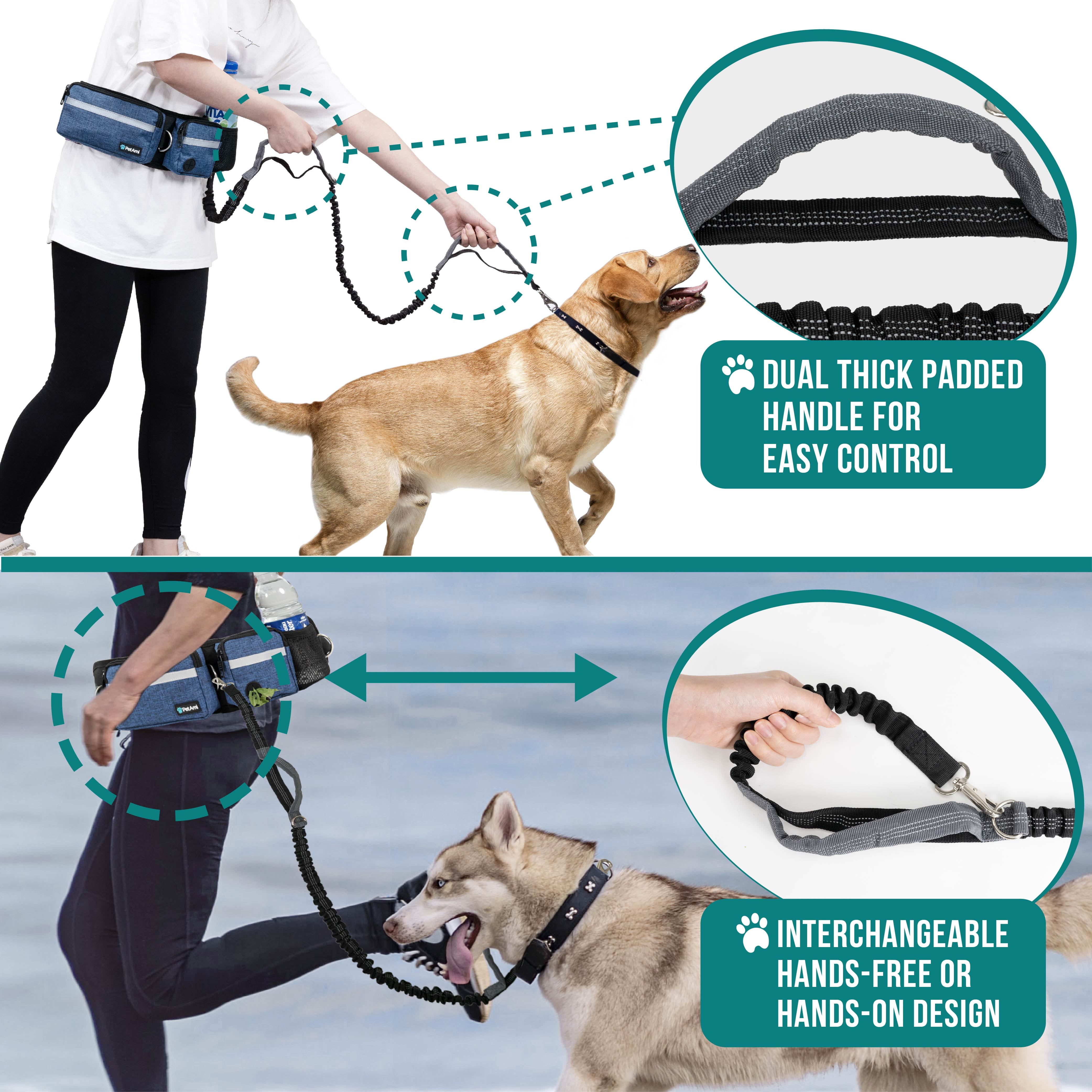 PetAmi Hands Free Dog Leash, Dog Running Leash Belt Bag for Walking, Jogging, Dog Waist Double Zipper Pouch with Poop Bag Dispenser, Dual Padded Handles Reflective Bungee Leash, Single (Navy)