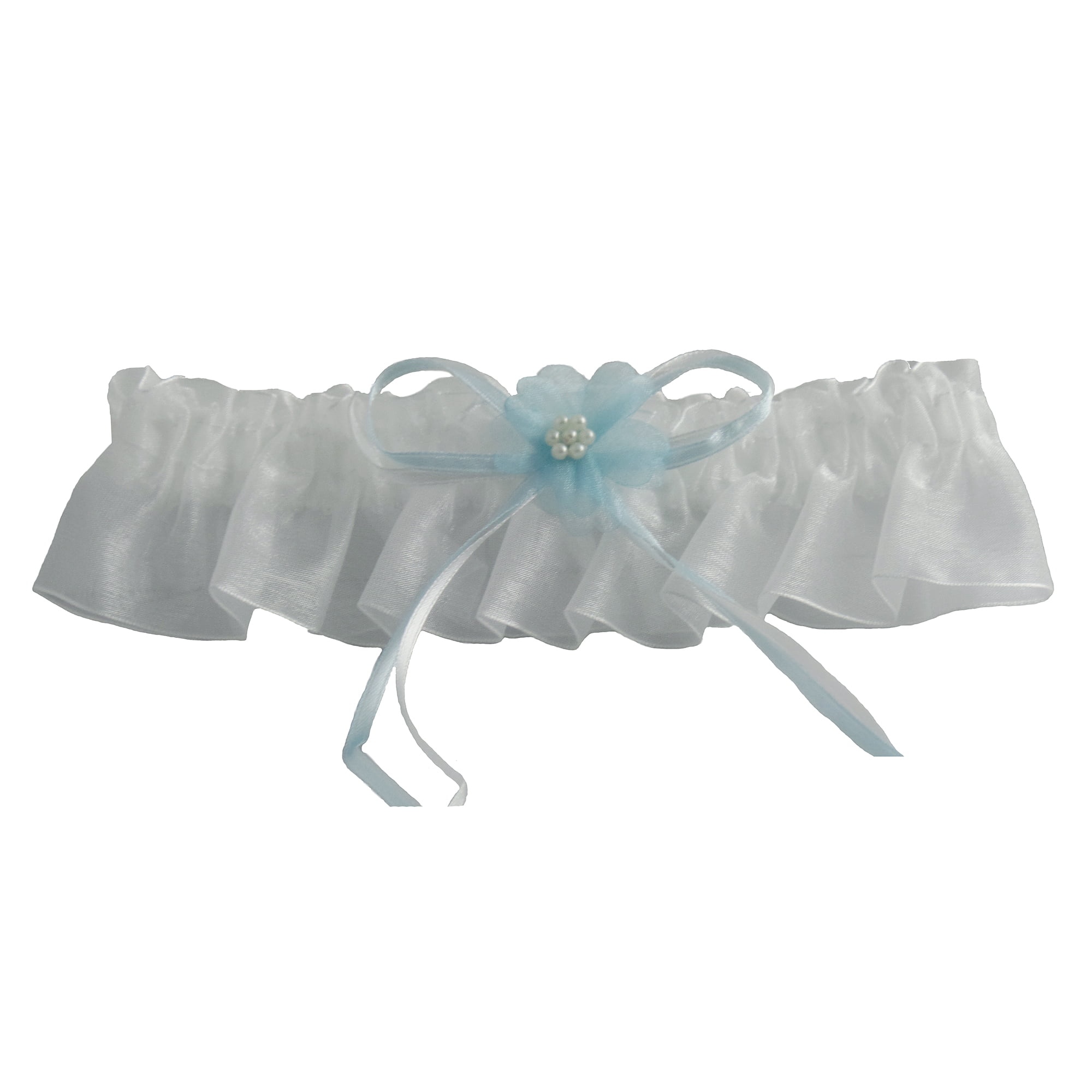 Charm White Lace Bridal Garter Blue Satin Pearl Bowknot Rhinestone Decor Garter 