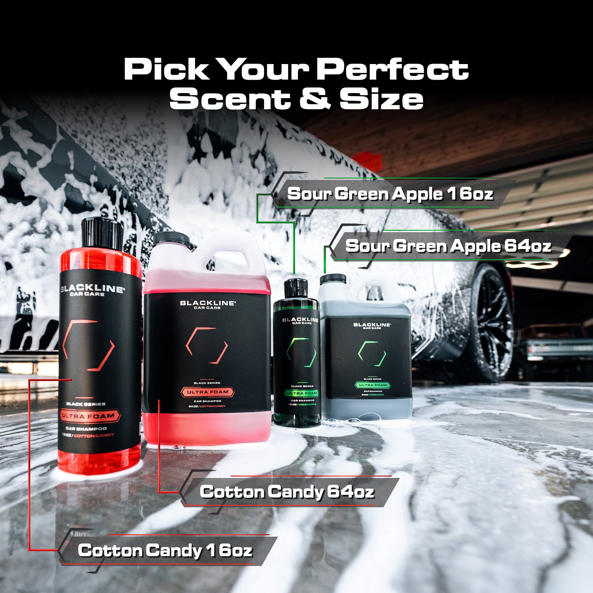 Blackline Automotive Extreme Foaming Car Shampoo - Extreme Ultra Foam Perfect for Ceramic Coatings - Compatible with Foam Cannon for Pressure Washer (64 Fl Oz, Green Apple)