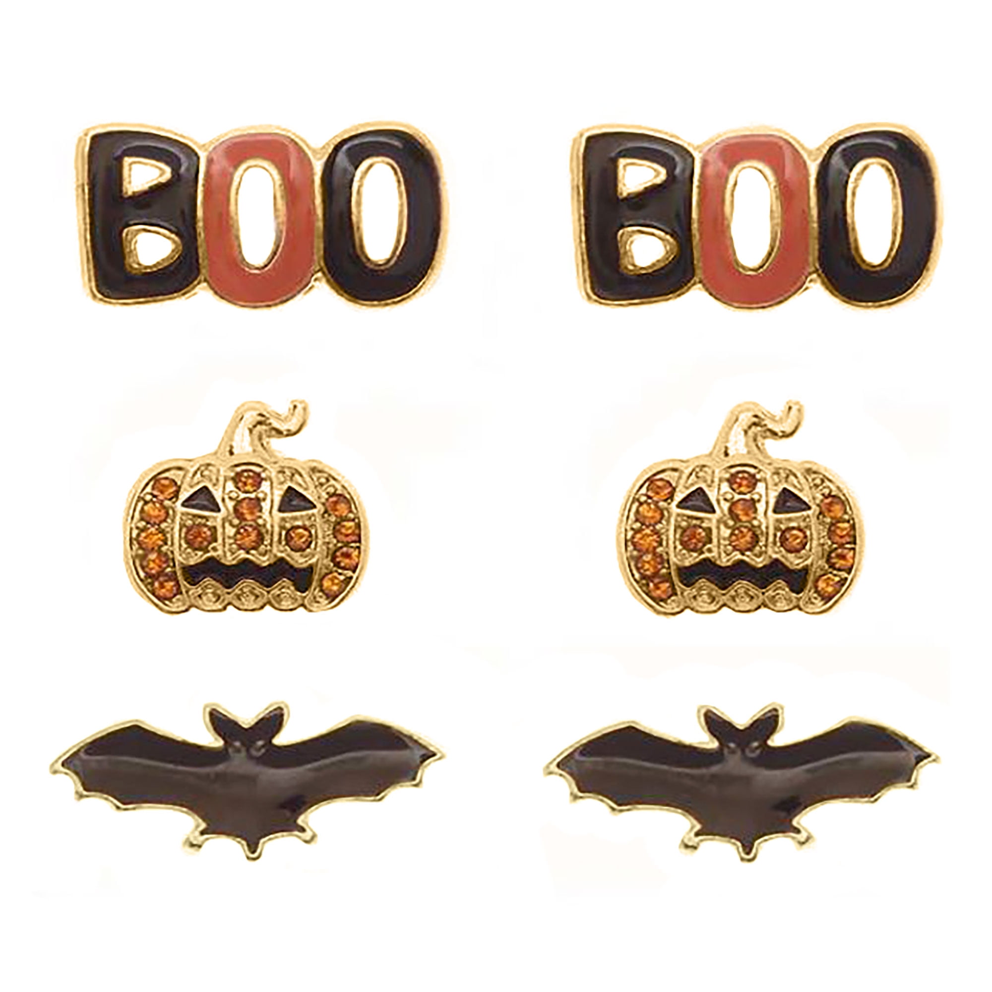 Blue Box Boutique Inc Halloween Orange Black BOO Jack o' Lantern Bat Stud Earring Set for Women, Teens