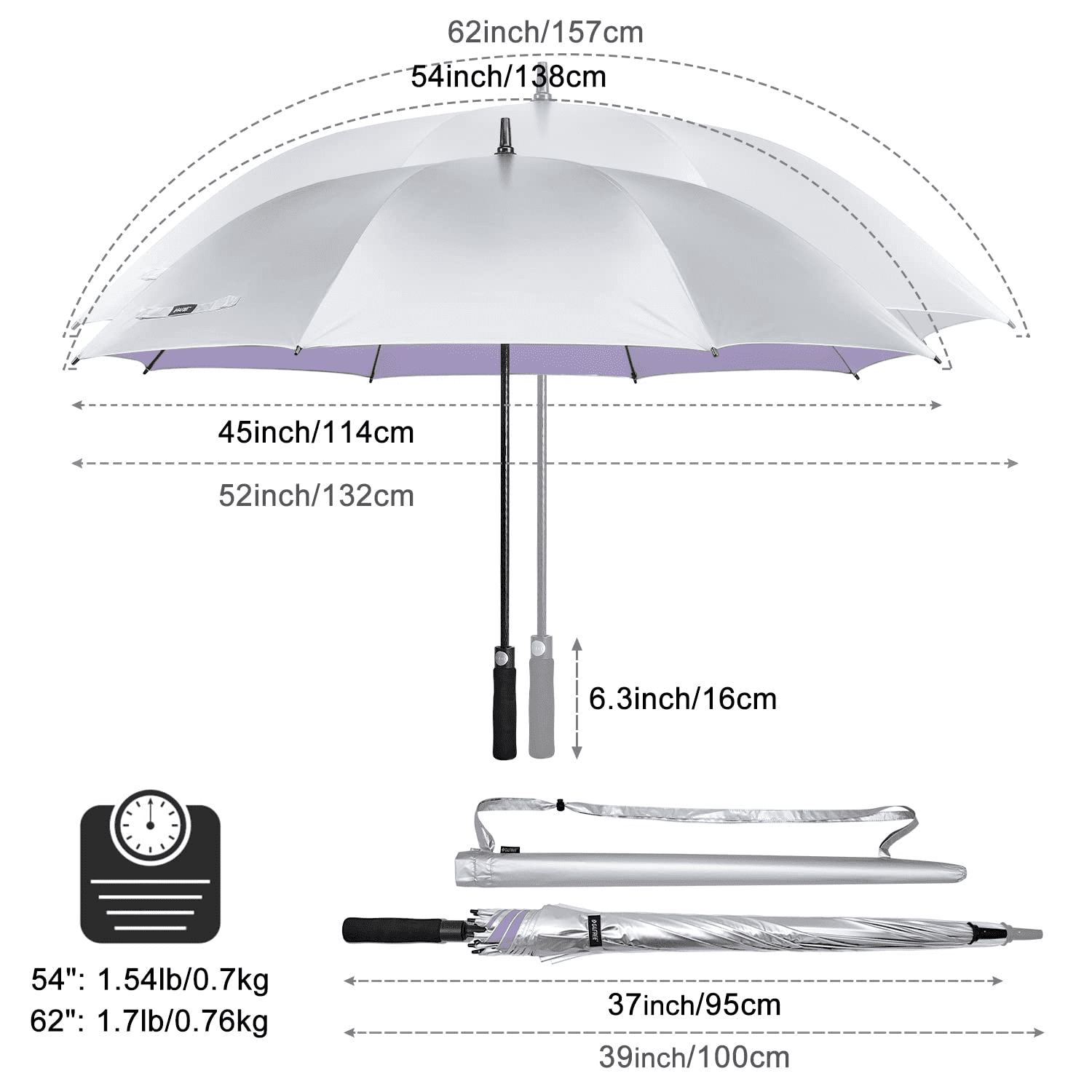 G4Free 54/62 Inch Windproof UV Protection Golf Umbrella Extra Large Silver Coated Automatic Open Stick Long Umbrella