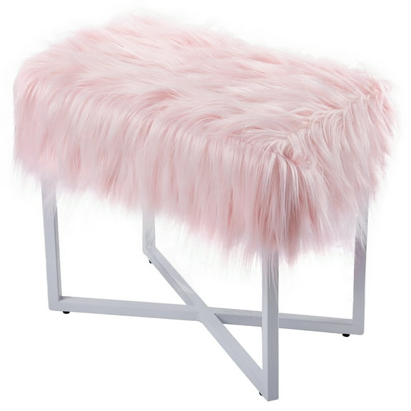 BirdRock Home Rectangular Pink Faux Fur Foot Stool Ottoman with White Legs