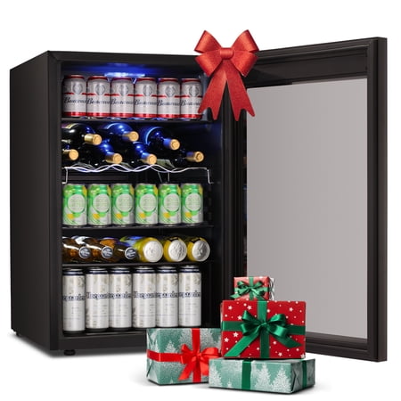KISSAIR 4.4Cu.ft Beverage Refrigerator Cooler, 37 Bottles Mini Fridge with Glass Door for Soda Beer or Wine, With Adjustable Removable Shelves, Bar/Office/Home