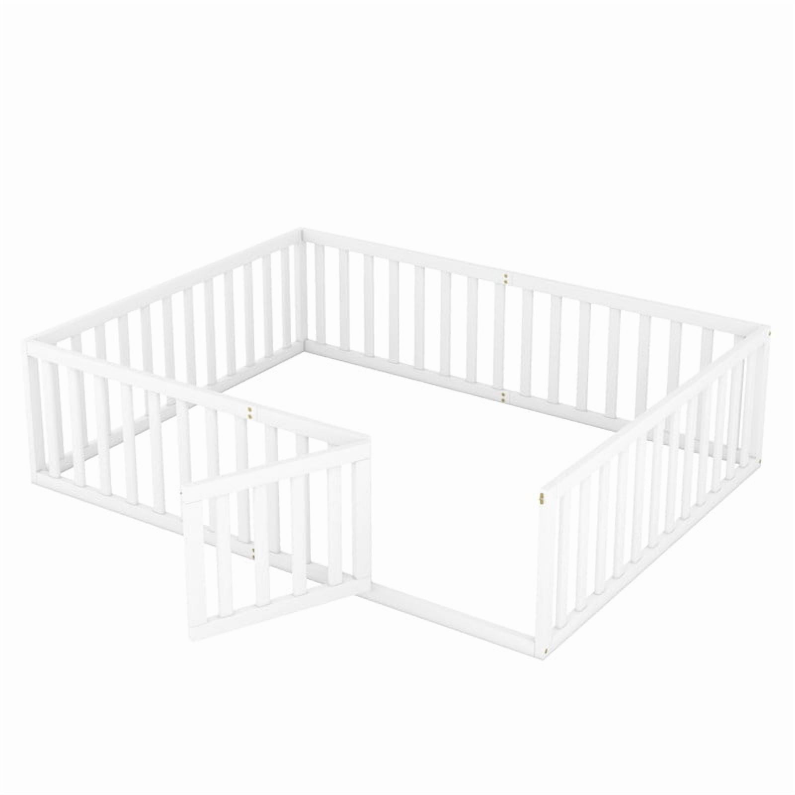 Queen Size Floor Bed Montessori Bed with Fence Guardrails and Door, Wooden Toddler Bed Playhouse Bed Platforn Bed for Boys Girls, No Slats