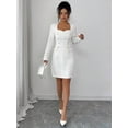 thumbnail image 6 of White Tweed Sweetheart Neck Long Sleeve Tailored Short Dress For Women, 6 of 7
