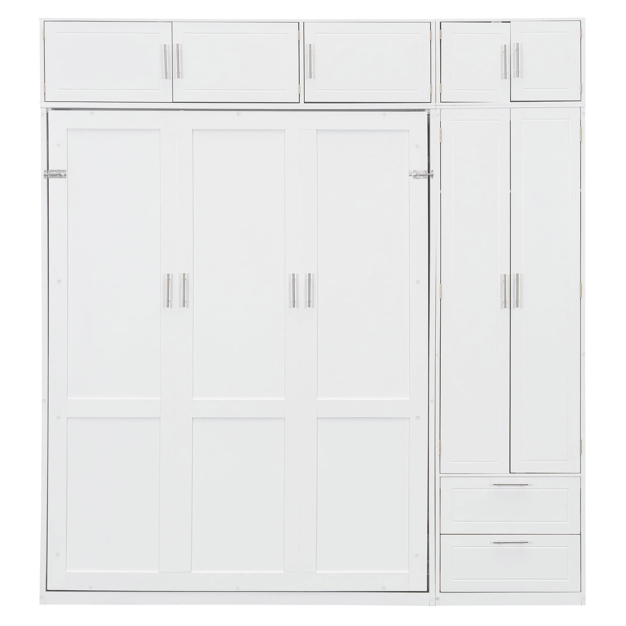 Mintazer Queen Size Murphy Wall Bed with Cabinets & Open Bookshelf, All-in-One Foldable Cabinet Bed with Side Wardrobe & 2 Storage Drawers for Small Apartment Guest Room Home Office, White