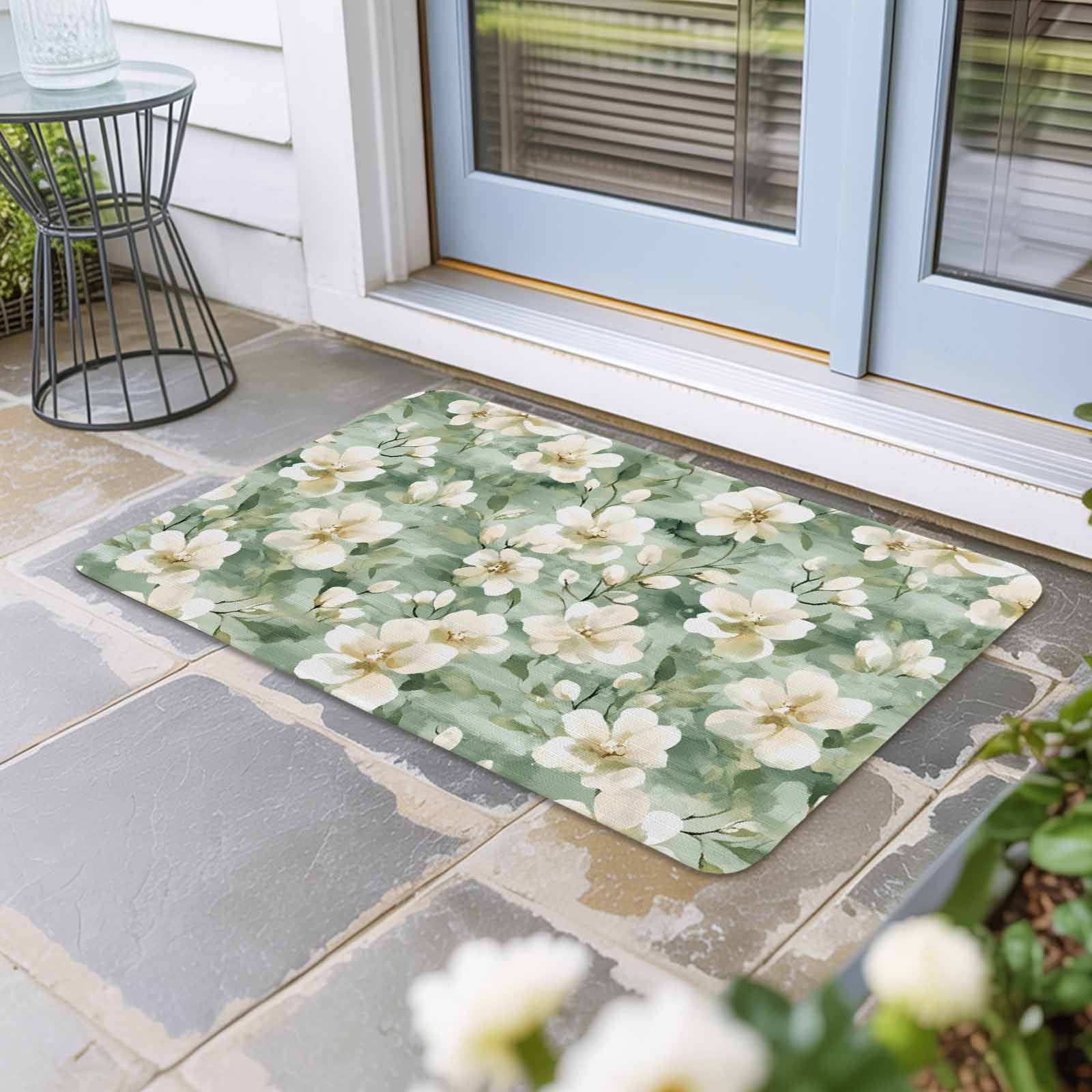 Sage Green Spring Floral Doormat Outdoor Entrance 18"x30", Summer Botanical Farmhouse Absorb Moisture Dirt Door Mats, Non-Slip Rubber Backing Floor Mats Indoor, Low-Profile Front Door Rugs