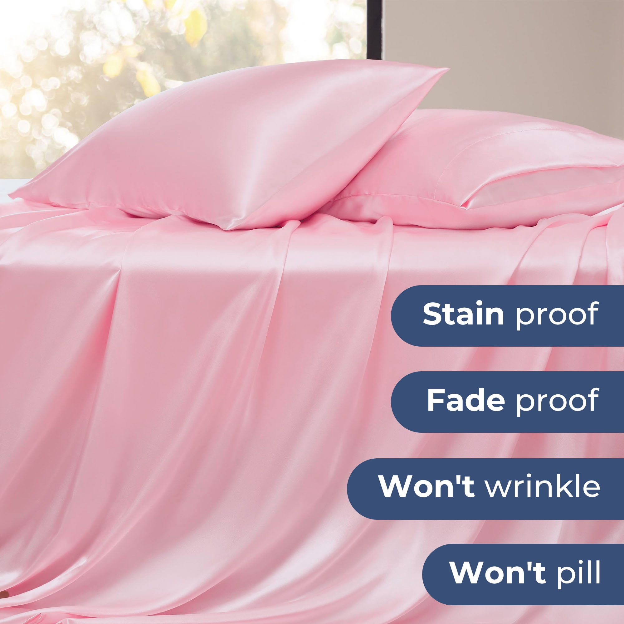 Seasonwood Pink Sheets Queen Size Soft 1800 Microfiber Satin Sheet Set 4 Pieces 2 Pillowcase
