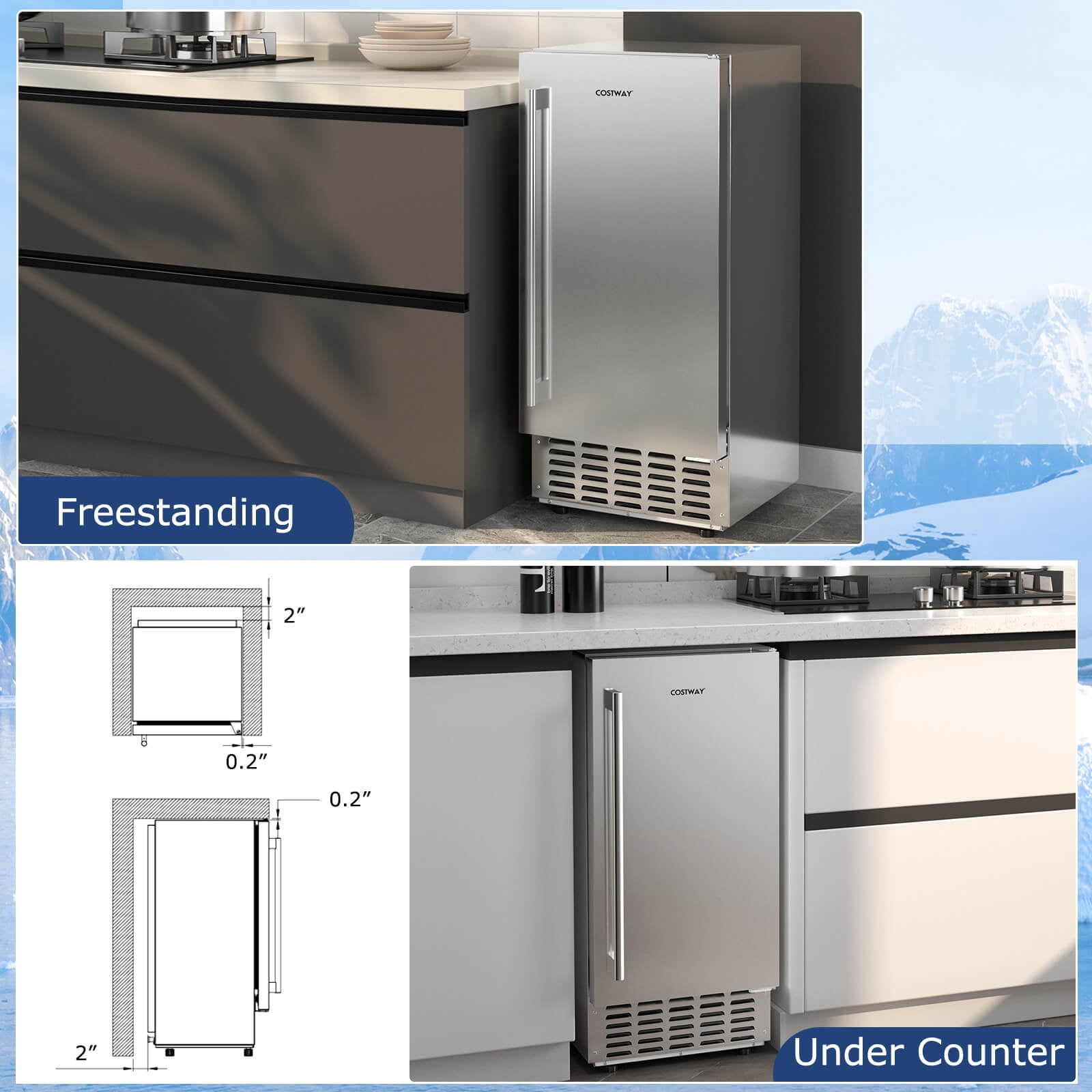 Costway Under Counter Nugget Ice Maker with Self-Cleaning 80 lbs/Day 24H Timer LCD Control