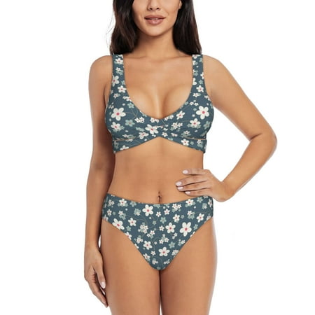 Kdxio Blue Flower Print Women s 2 Piece High Waisted Wrap Spaghetti Strap Summer Swimsuit Bikini Set-XX-Large