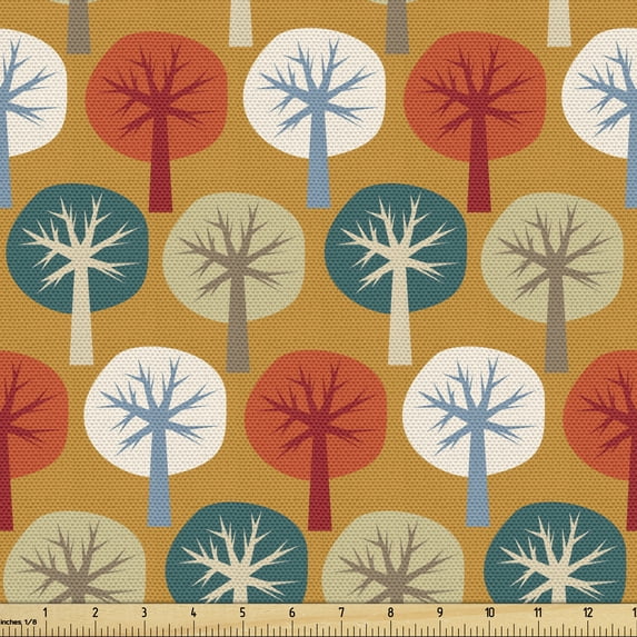 Autumn Sofa Upholstery Fabric by the Yard, Fall Winter Season Related Retro Creative Colorful Round Tree Motifs, Decorative Fabric for DIY and Home Accents, Dark Yellow and Multicolor by Ambesonne