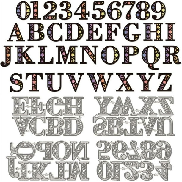 Juego de 4 troqueles metálicos para cortar letras y números del alfabeto con diseño floral (A-Z, 0-9). Incluye plantilla para letras iniciales y números.