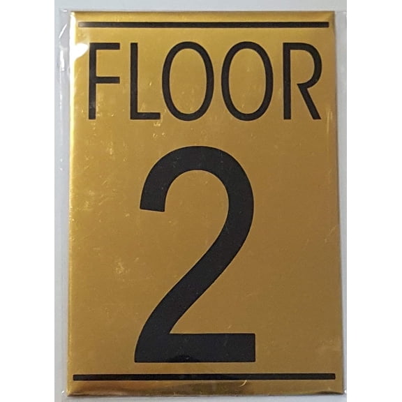 FLOOR 2 SIGN - Gold BACKGROUND (ALUMINIUM - 5 3/4 X 4) WITH SELF ADHESIVE STICKER FOR INDOOR USE