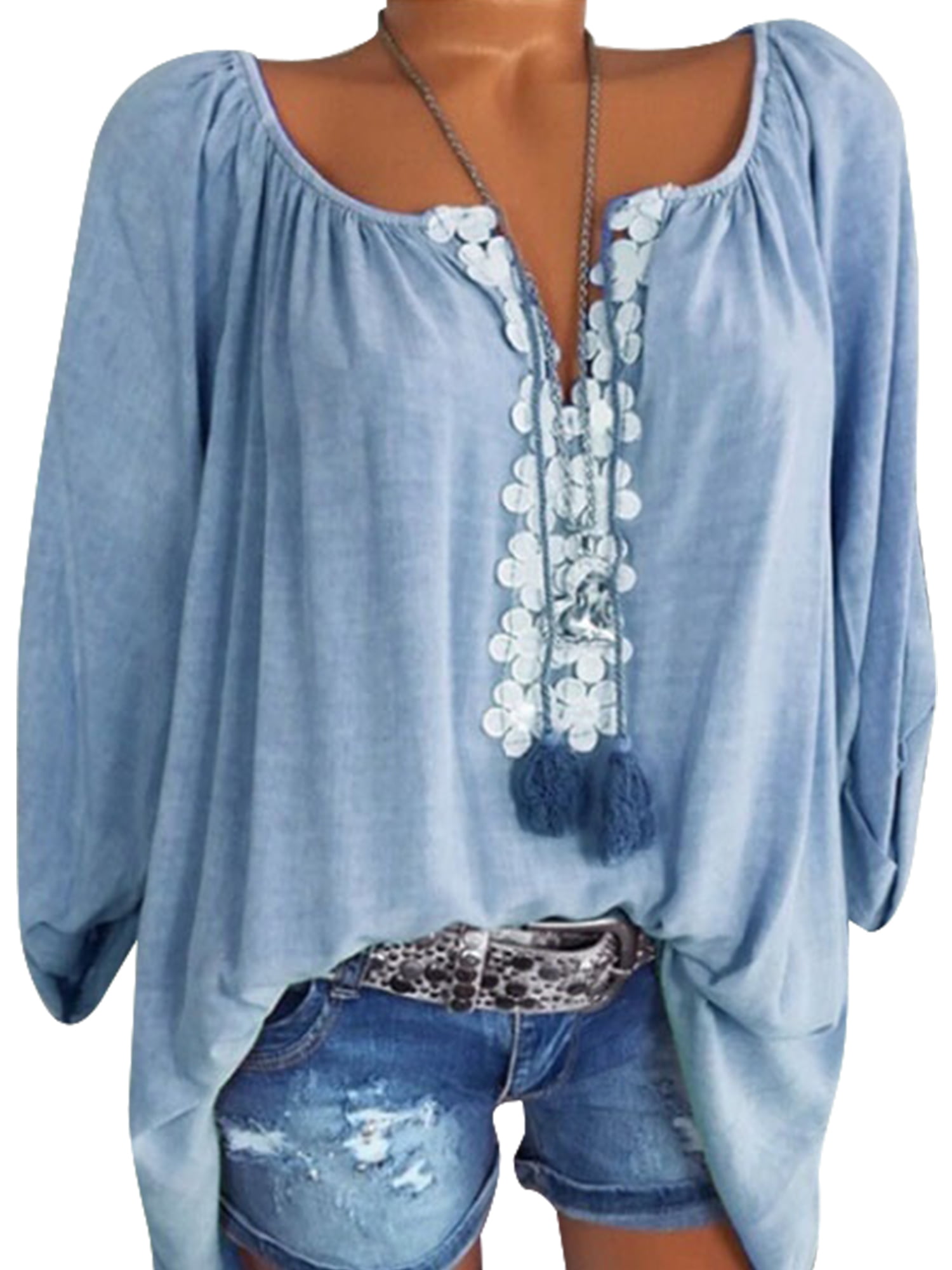 Plus Size Tops for Women Casual V Neck Tops Shirt Ladies Lace Stitching