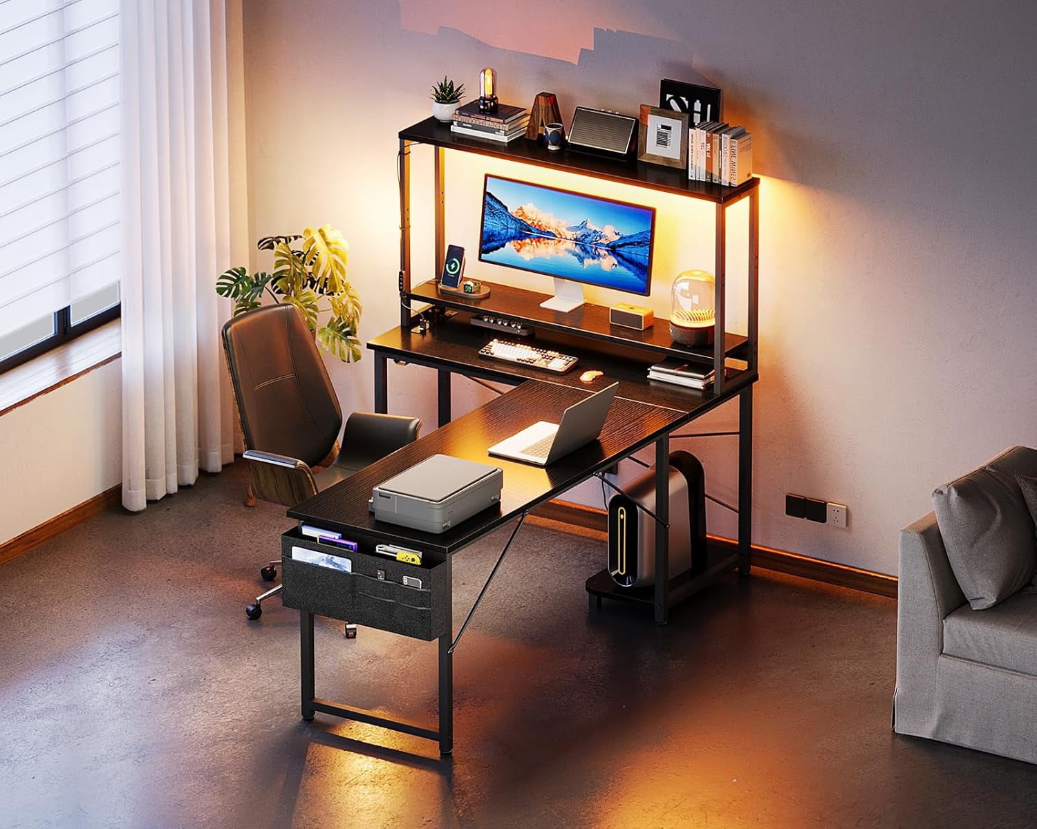 61 Inch L Shaped Desk with LED Lighting, Reversible Gaming Desk with Power Outlets, Cornor Computer Table with Storage Shelves & Bag & Iron Hook, Home Office Table for Writing, Study, Black