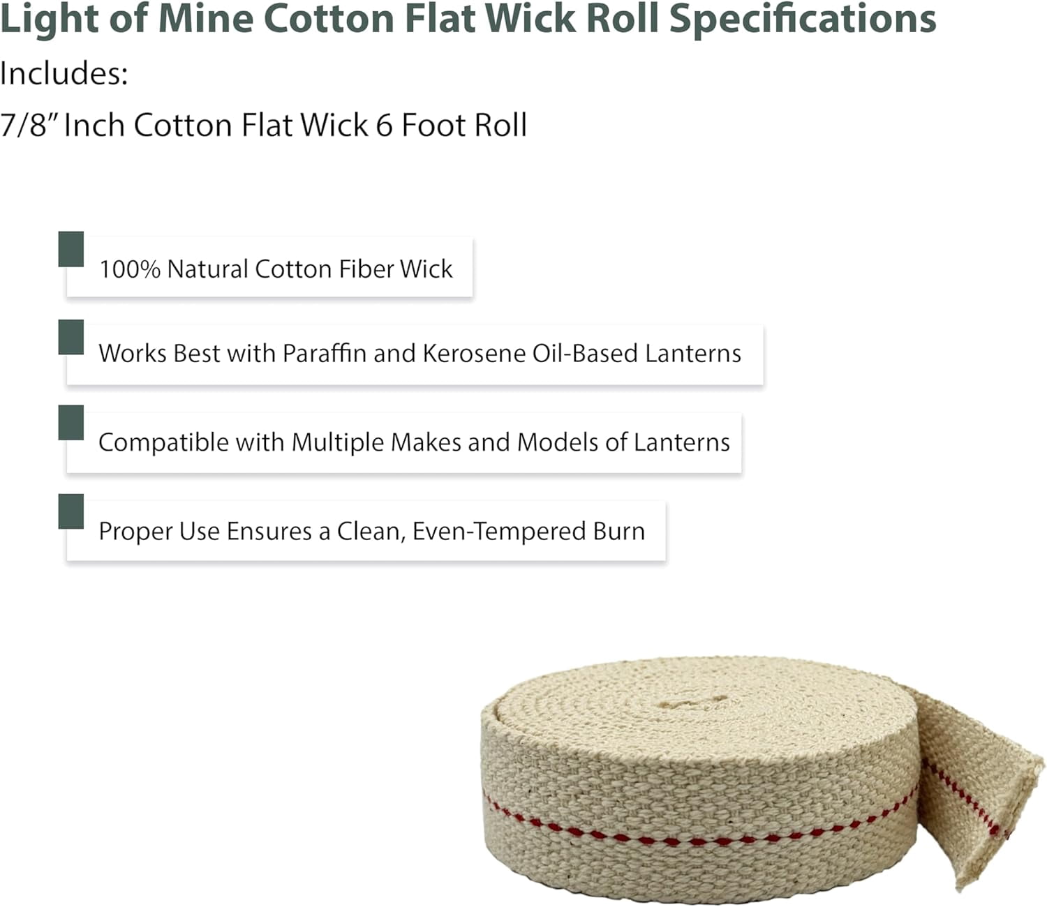 Light of Mine - 7/8" Inch 6' Foot, 100% Cotton Flat Wick for Paraffin Oil, Kerosene Based Lanterns, and Oil Lamps with Genuine Red Stitch (7/8" Roll)