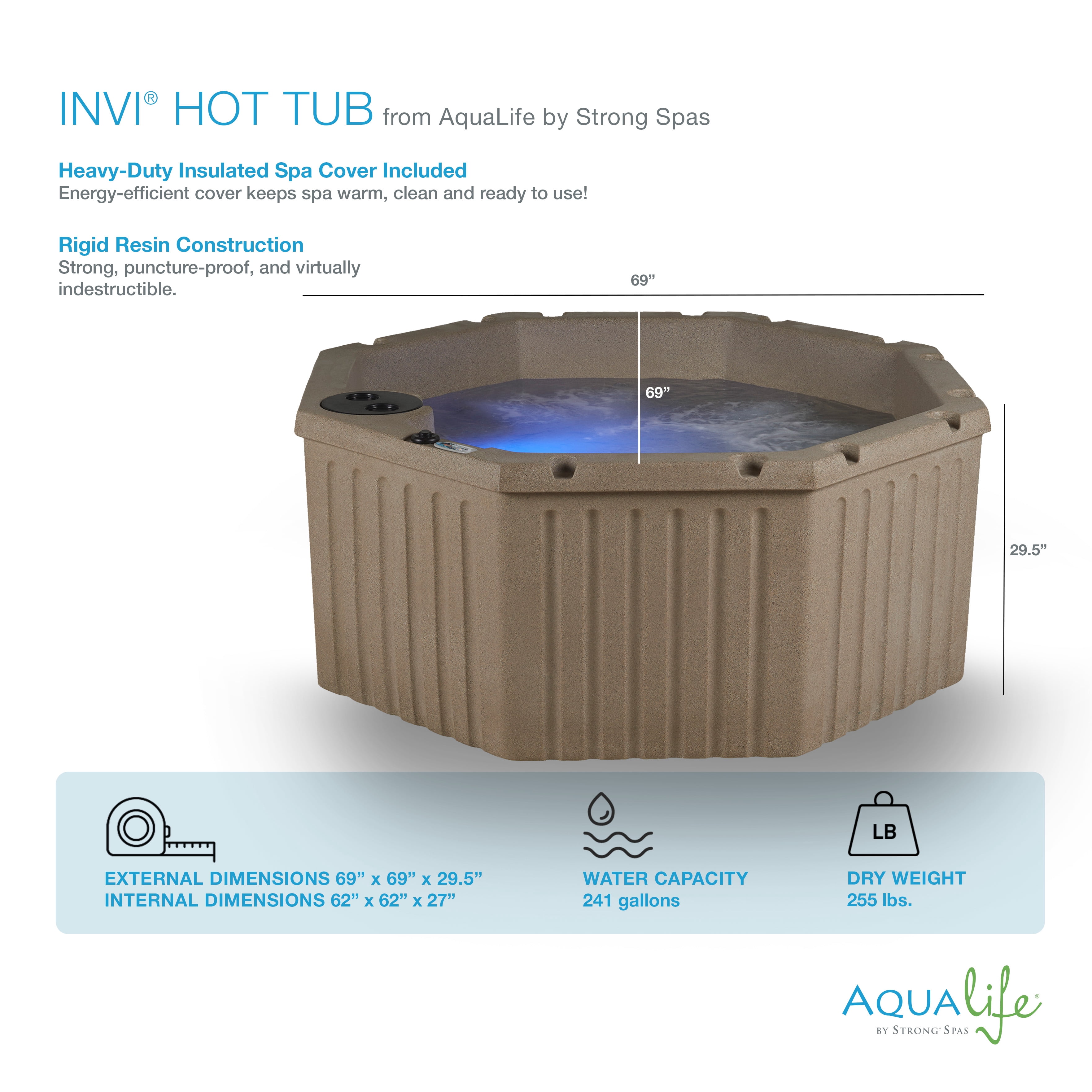 Aqualife by Strong Spas Invi 4-5 Person Plug & Play Octagonal Spa Hot Tub, 11 Jets, Cobblestone