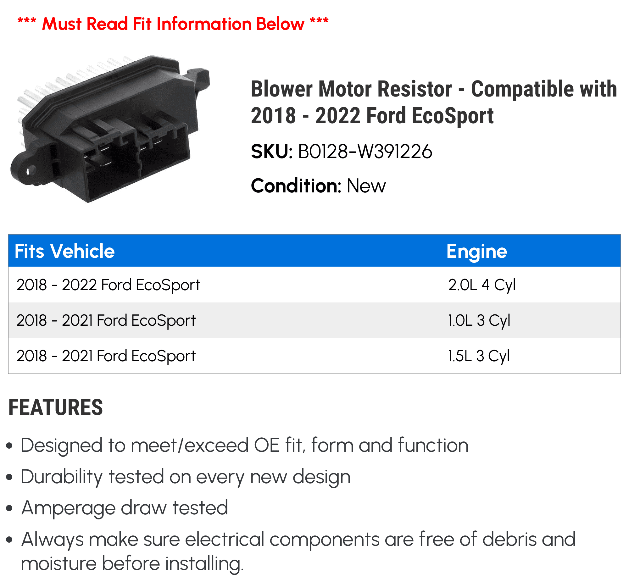 Blower Motor Resistor - Compatible with 2018 - 2022 Ford EcoSport 2019 2020 2021
