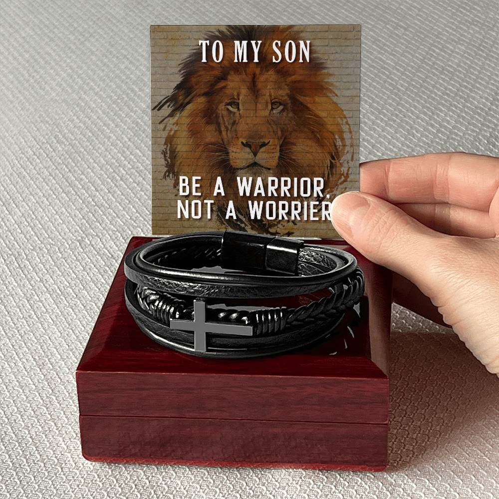 To My Son Be a Warrior Not a Worrier Men's Cross Bracelet - Vegan Leather with Stainless Steel