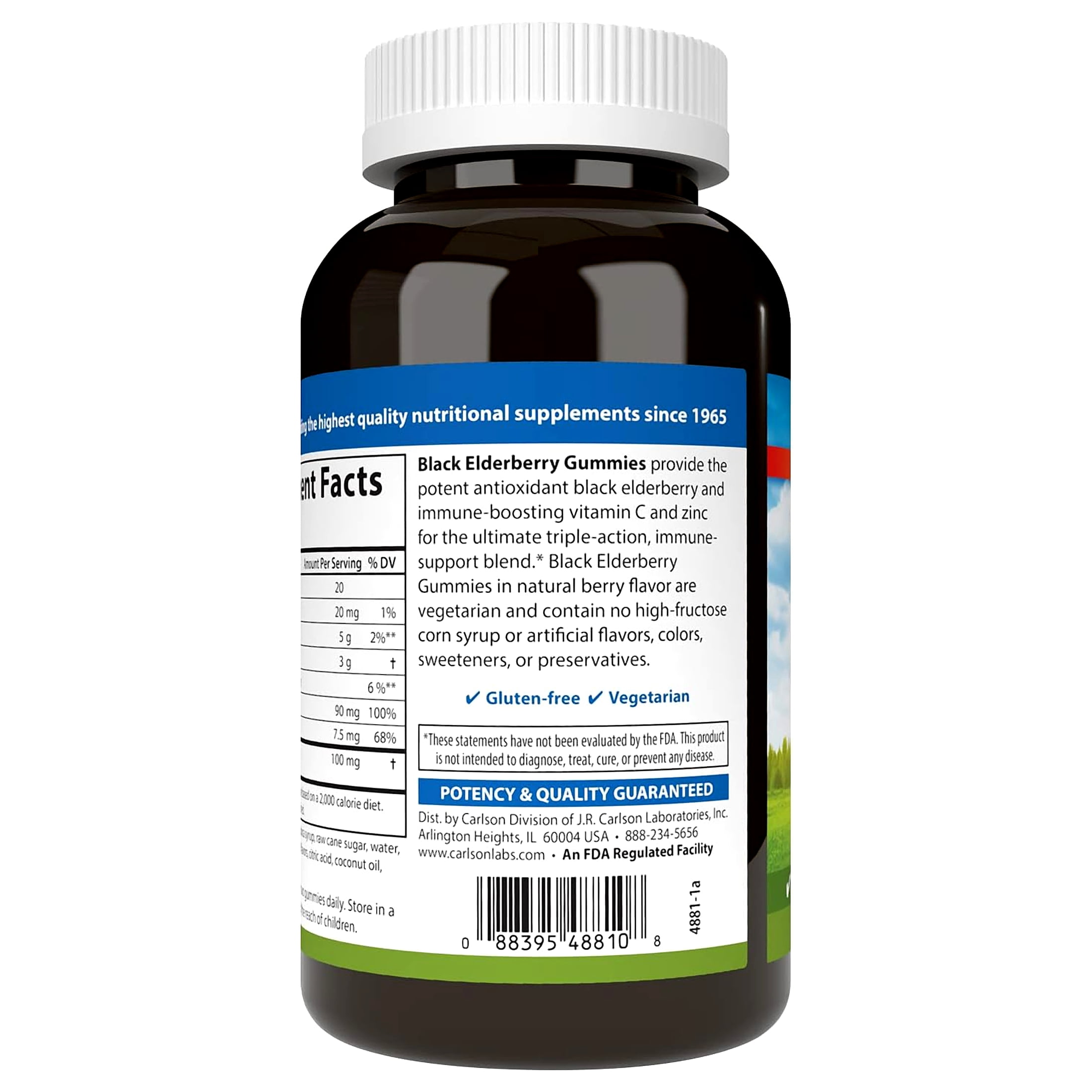 Carlson - Black Elderberry Gummies, 100 mg + Vitamin C and Zinc, Immune Support, Berry Flavor, 120 Gummies