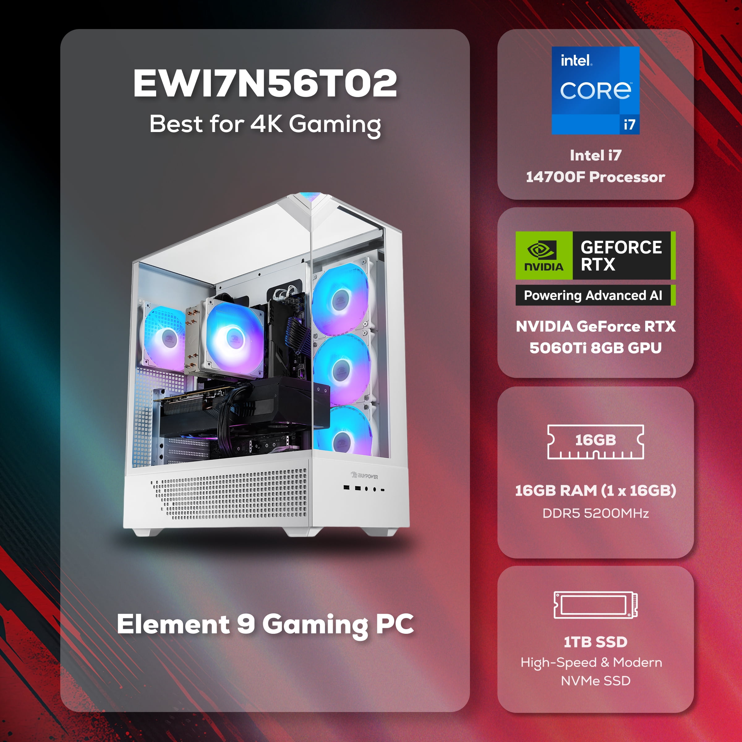 iBUYPOWER Element Gaming PC Desktop Computer Intel Core i7 14700F CPU, NVIDIA GeForce RTX 5060Ti 8GB GPU, 16GB DDR5 RGB 5200MHz RAM, 1TB NVMe SSD,Windows 11 Home,Gamer Keyboard and Mouse- EWI7N56T02
