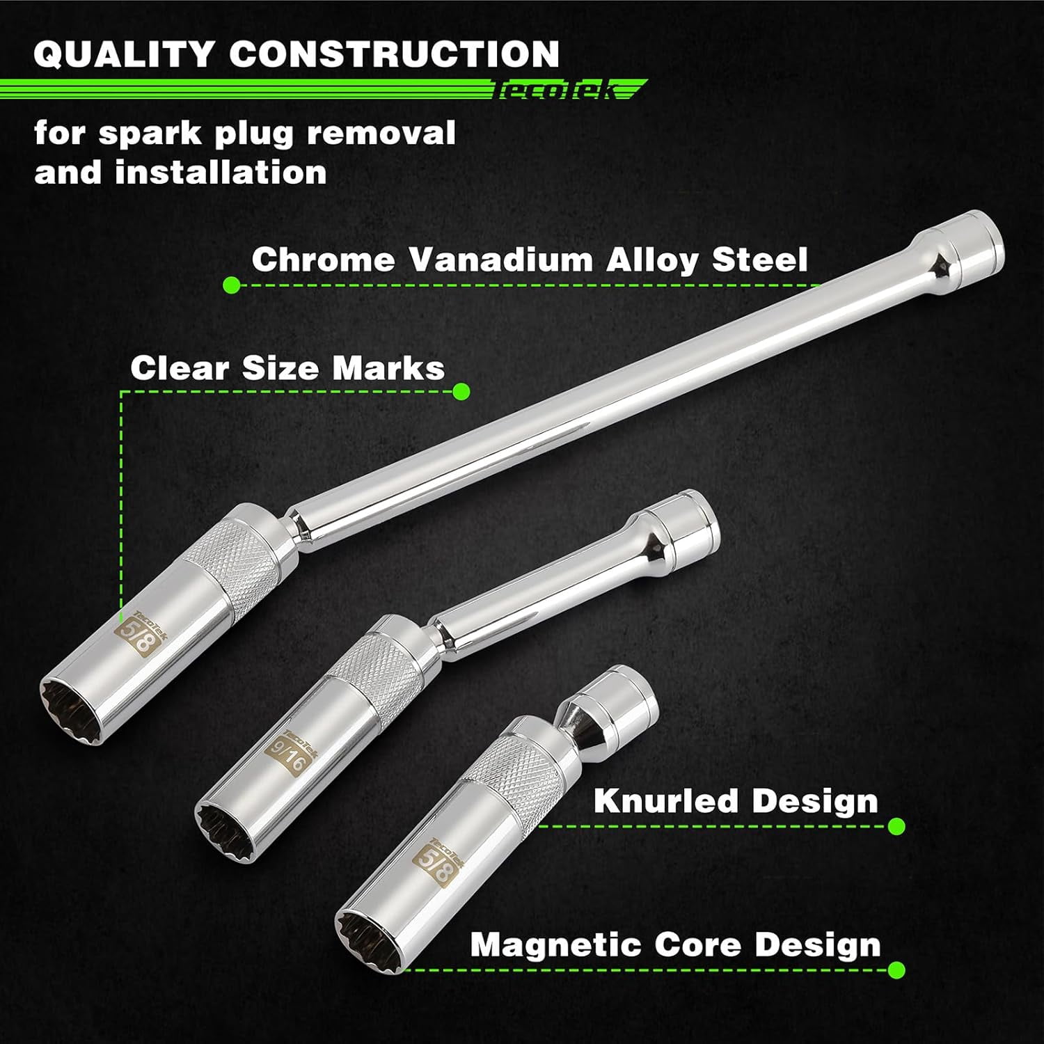 7 Piece 3/8-Inch Drive Magnetic Swivel Spark Plug Socket Set, Includes 9/16-Inch, 13/16-Inch, 5/8-Inch, 14mm Socket, 6-Point &12-Point, CR-V, Enhanced Magnetic Design with Thin Wall Socket