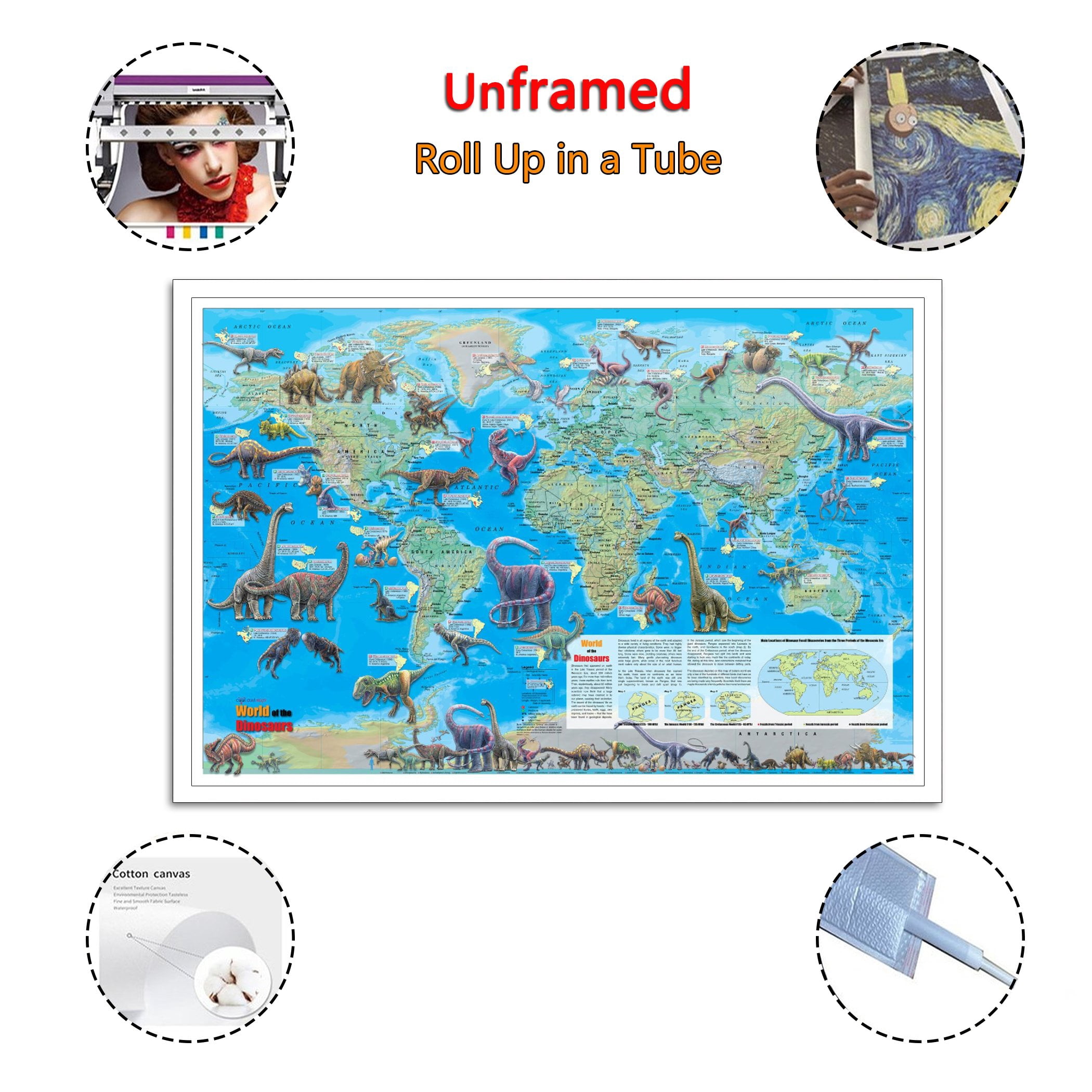Dinosaur Map of The World Artworks Picture Print Poster Wall Art Painting Canvas Gift Decor Home Posters Decorative 24x36inch(60x90cm)