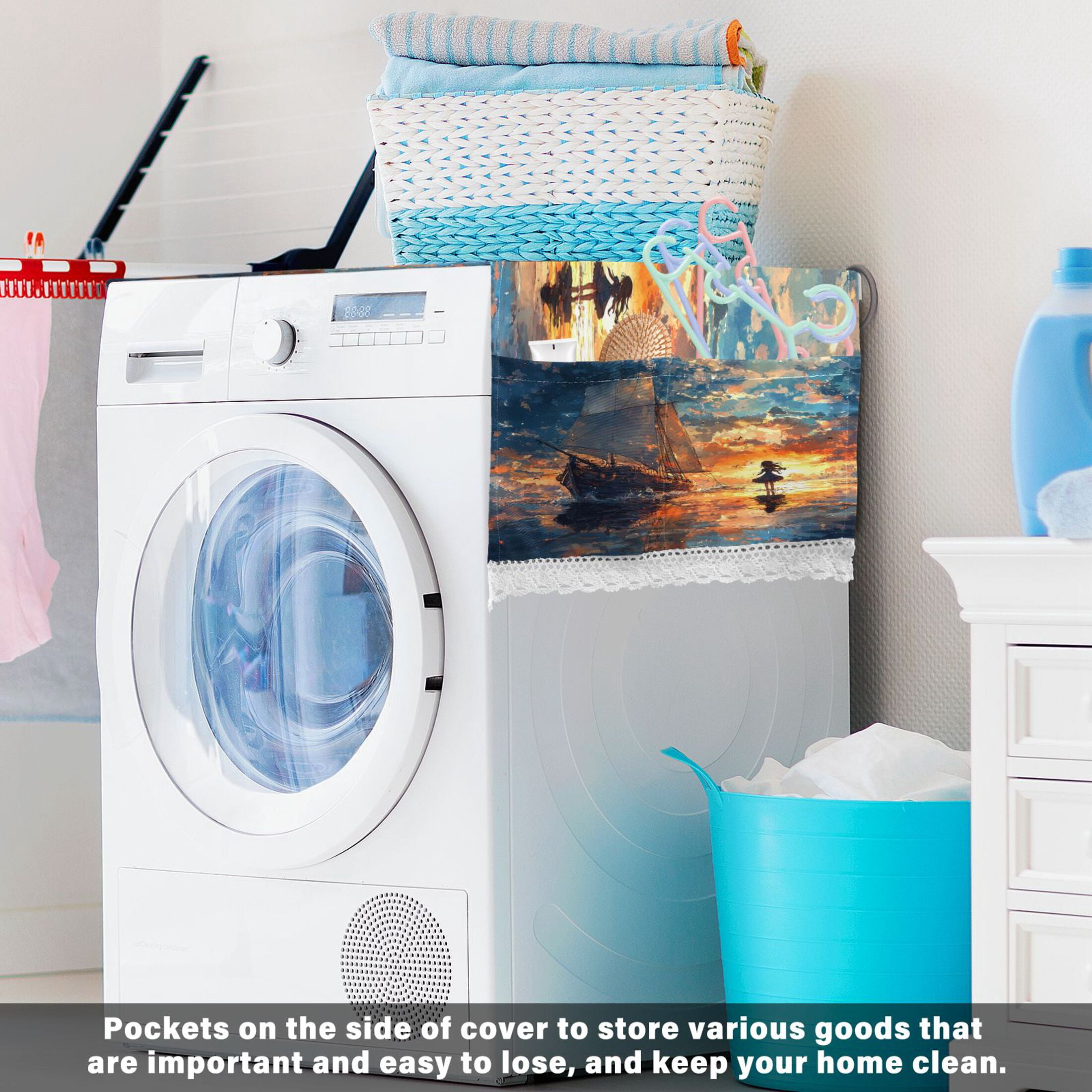 A Girl and SaiboatWasher and Dryer Covers Dust-Proof and Oil Resistant Fridge Cover with 4 Storage Pockets Washing Machine Top Cover for Laundry Kitchen Home 51.2 x 22 In