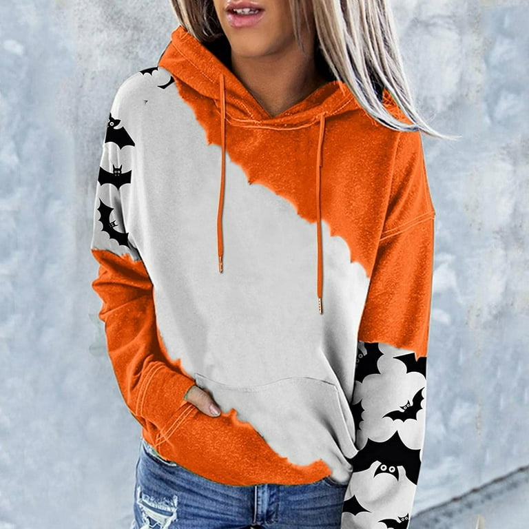 RPVATI Cute Sweatshirts for Women Print Long Sleeve Hooded Long Hoodie  Women Fall Sweater Color Block Oversized Pullover for Women Halloween With