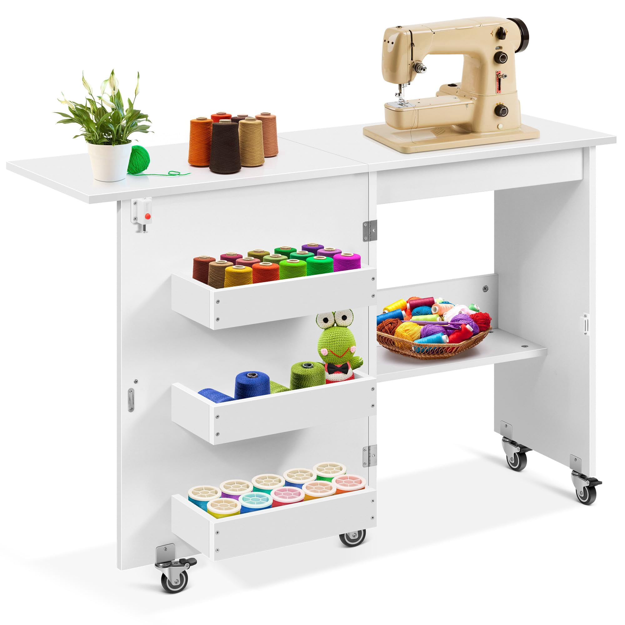 SPECSTAR Folding Sewing Craft Table, Rolling with Storage Shelves