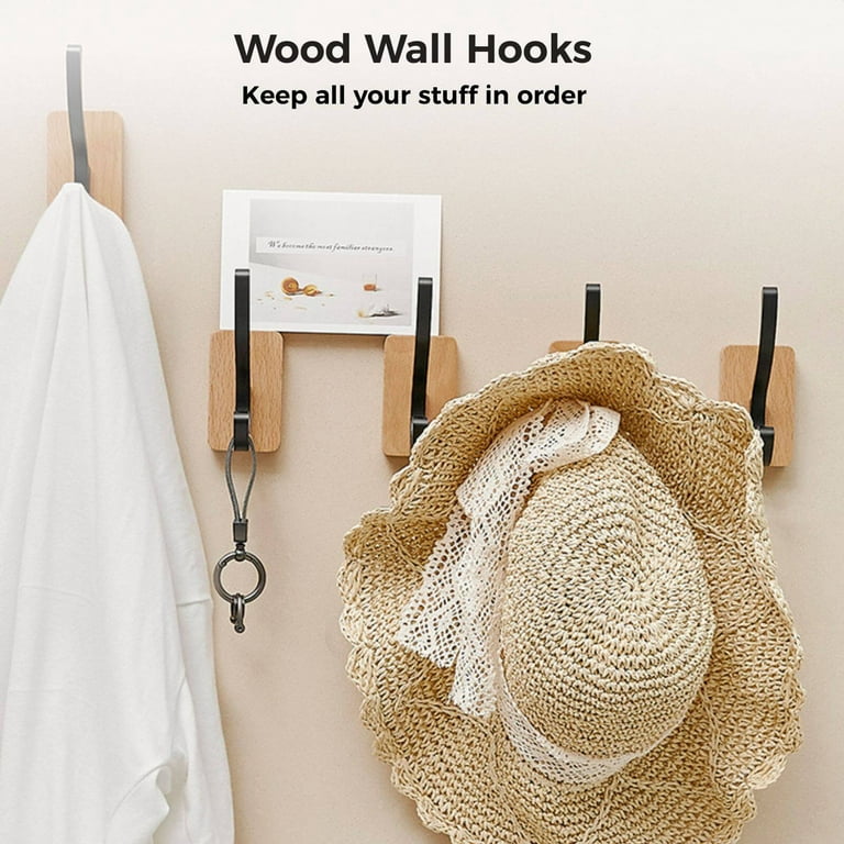 4 Pack Wood Wall Hooks, Wall Mounted Coat Hooks Rustic Coat Hat Hangers,  Drilling-Free Towel Wall Hooks for Hanging Coats Towel Hat, Keys Purse Bag  and Robe 