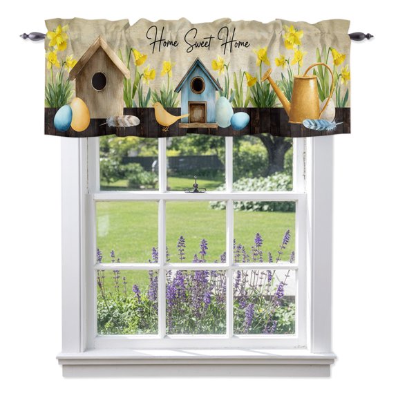 Spring Eggs Valances for Windows, Kettles Yellow Flower Vintage Home Farm Valance Window Treatment Rod Pocket Short Curtains Valances for Kitchen Bathroom 42"W x 12"L