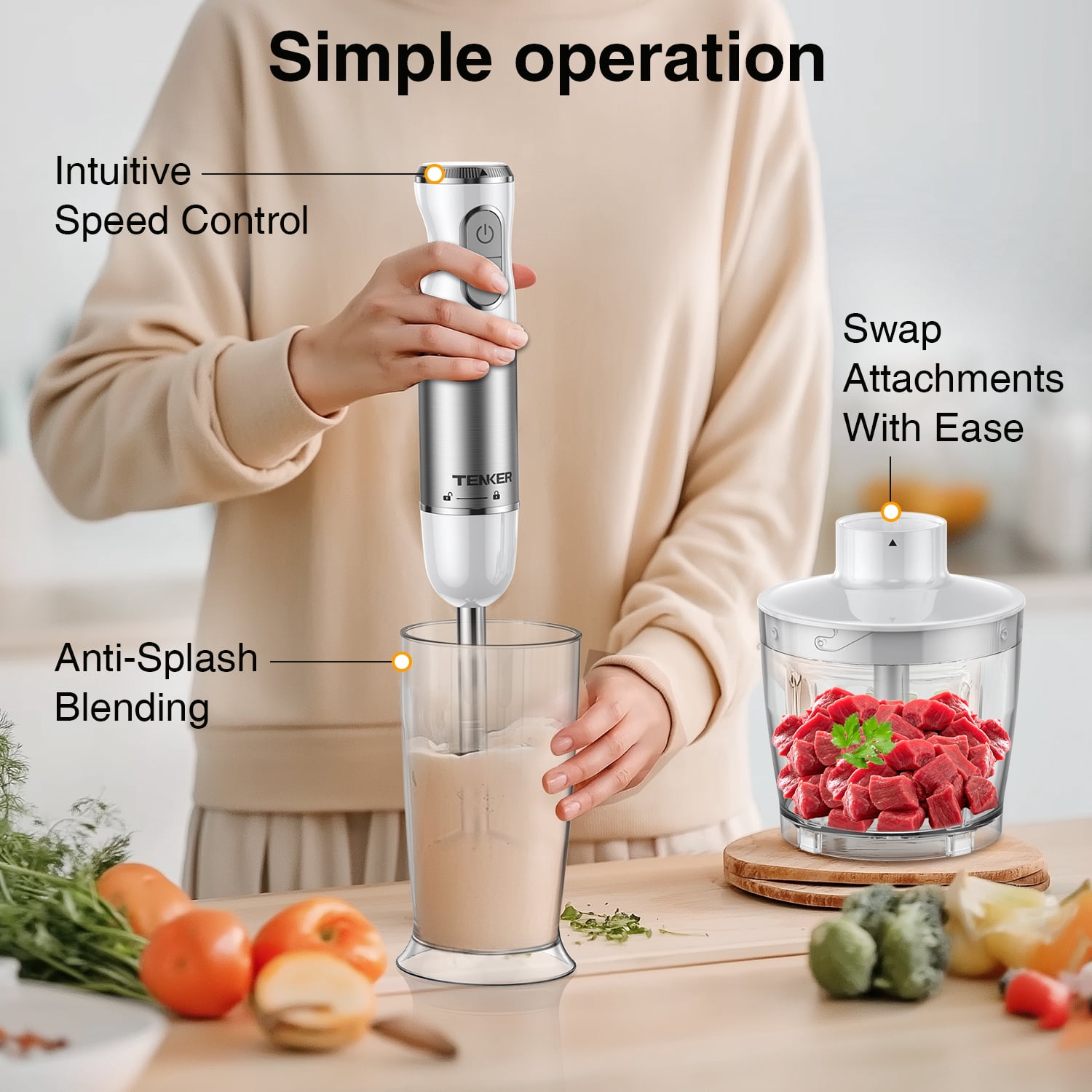 450W Immersion Blender 5 in 1 Electric Hand Blender,30 Speed Mode with Mixing Beaker,Chopper,Whisk and Milk Frother For Baby Food