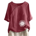 thumbnail image 2 of Women Short Sleeve Cotton Linen Tops Summer Crew Neck Embroidery T-Shirt Blouse Casual Loose Shirts, 2 of 4