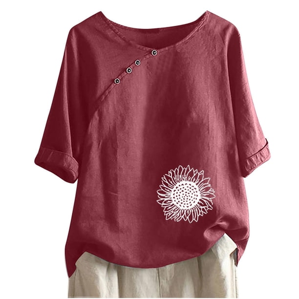 Blusas de Manga Corta para las Mujeres Impresas Cuello Redondo Camiseta Casual, Blusa de Algodón de Imitación para las Mujeres
