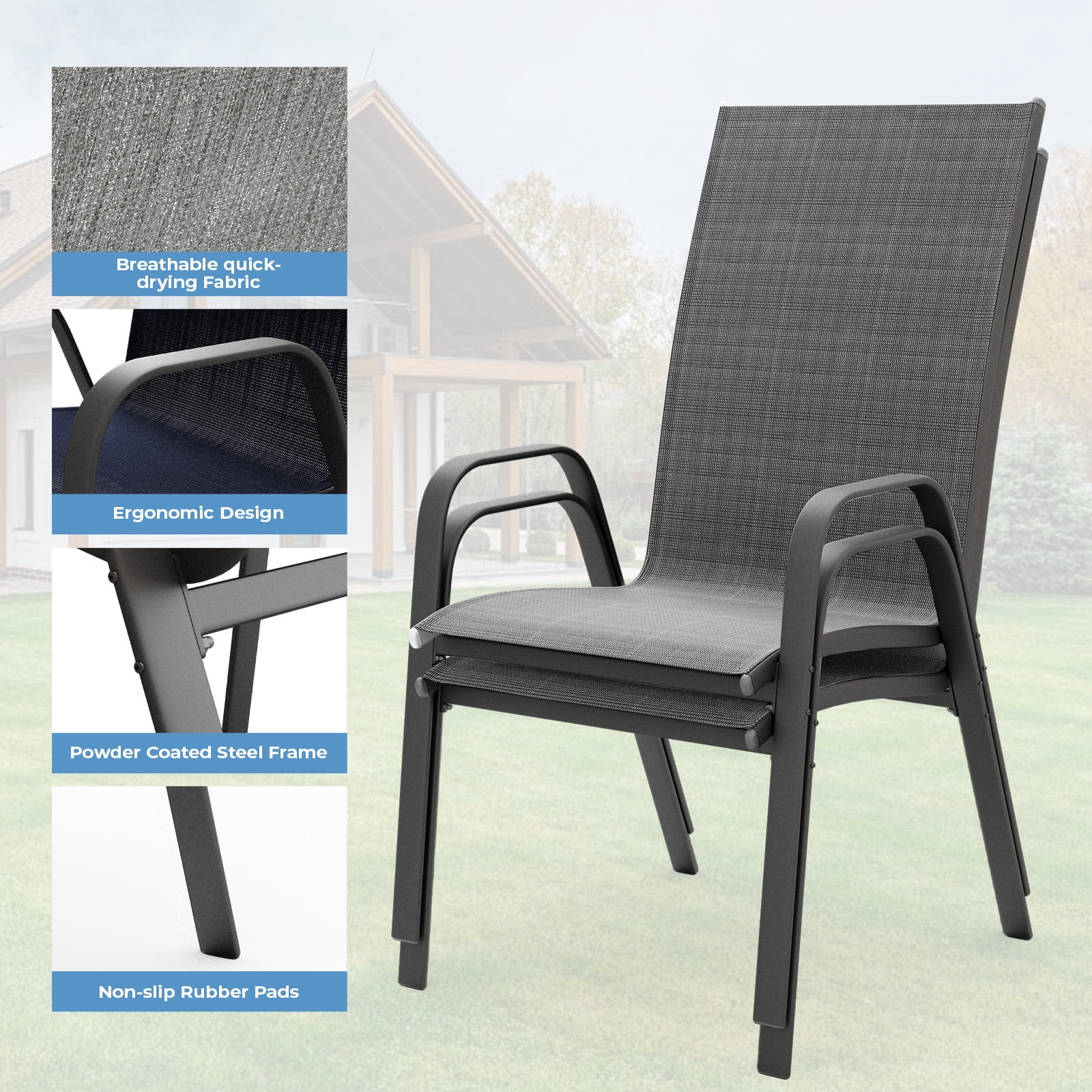 FUNDAZE Outdoor Dining Chairs Set of 4, Patio Dining Chair Stackable Armrest Patio Chairs Space Saving for Garden Backyard Deck, Gray