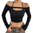 thumbnail image 4 of Camiseta de manga larga recortada con hombros descubiertos y hombros descubiertos para mujer, Top de punto acanalado, camisa con hombros descubiertos y espaguetis, 4 of 6