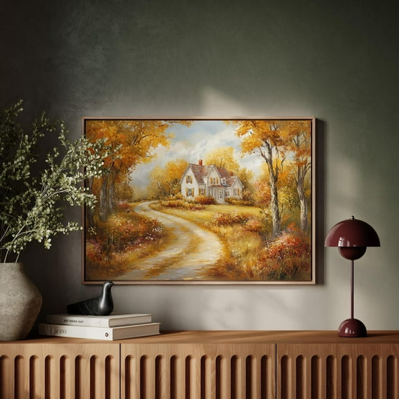 Charming Country Cottage In Autumn - Golden Fall Landscape With Winding Path - Rustic Seasonal Art For Cozy Home Decor Wall Art, Modern Wall Decor, 8x12 UNFRAMED